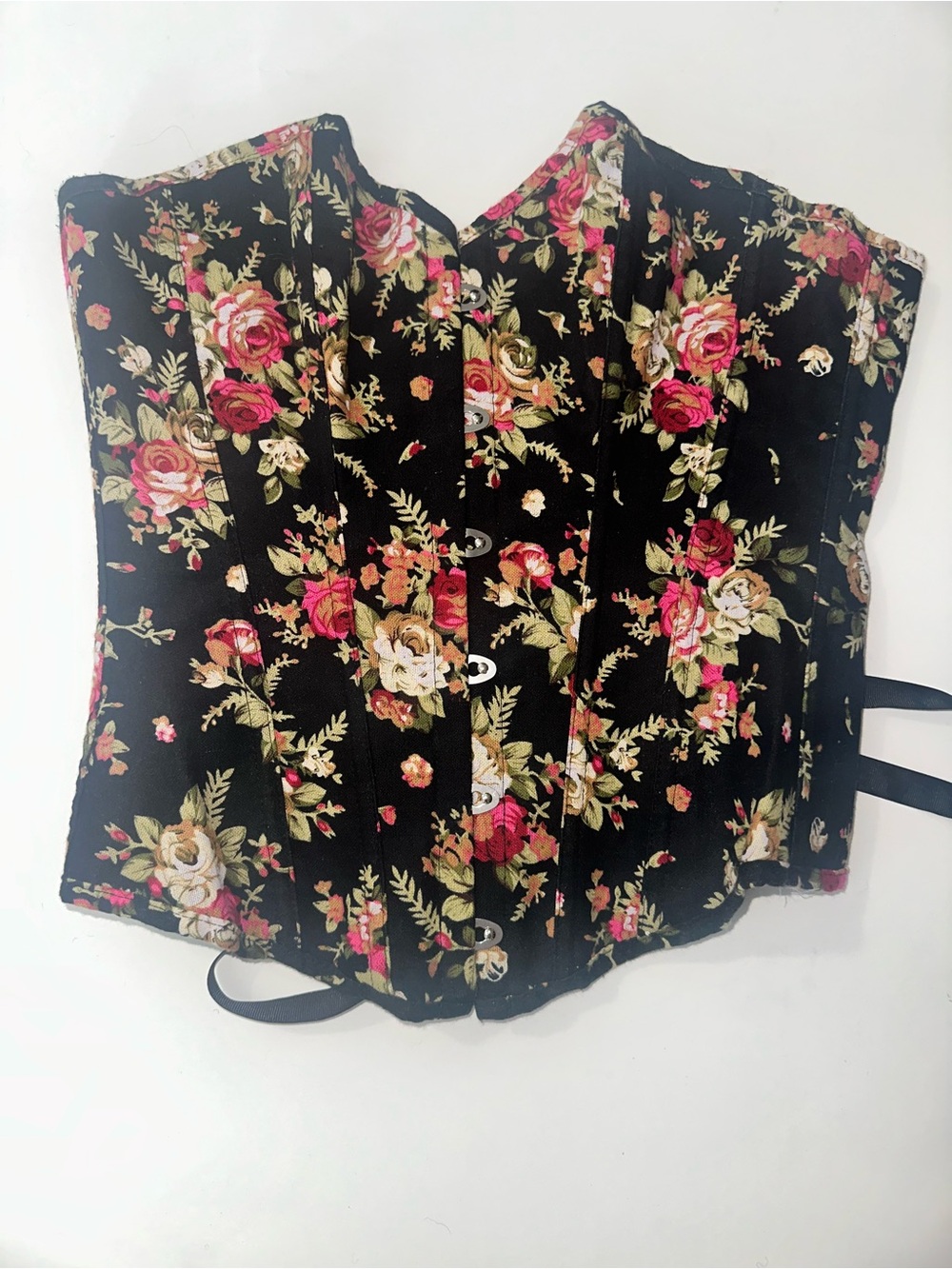 Floral Bustier Corset Top - Black with Pink & Cream Roses